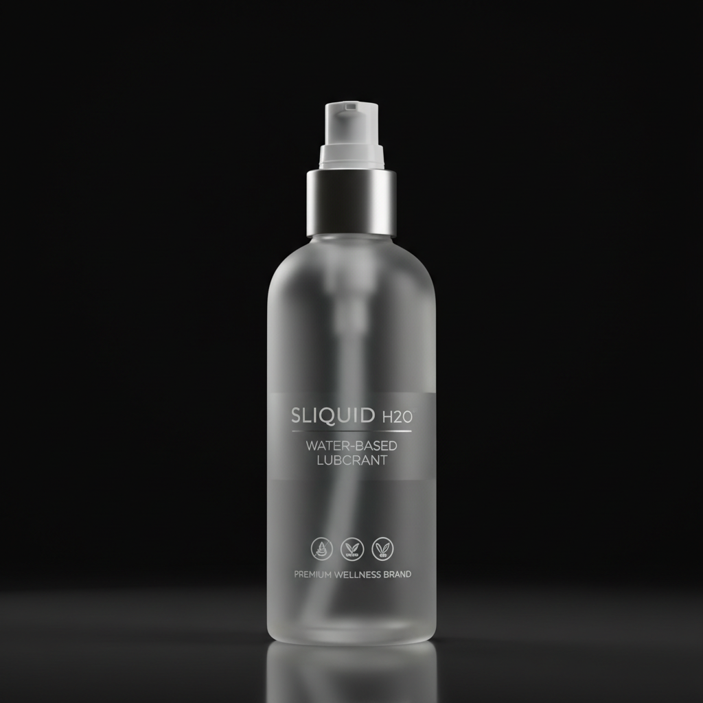 Sliquid H2O water-based lubricant bottle on dark luxury surface